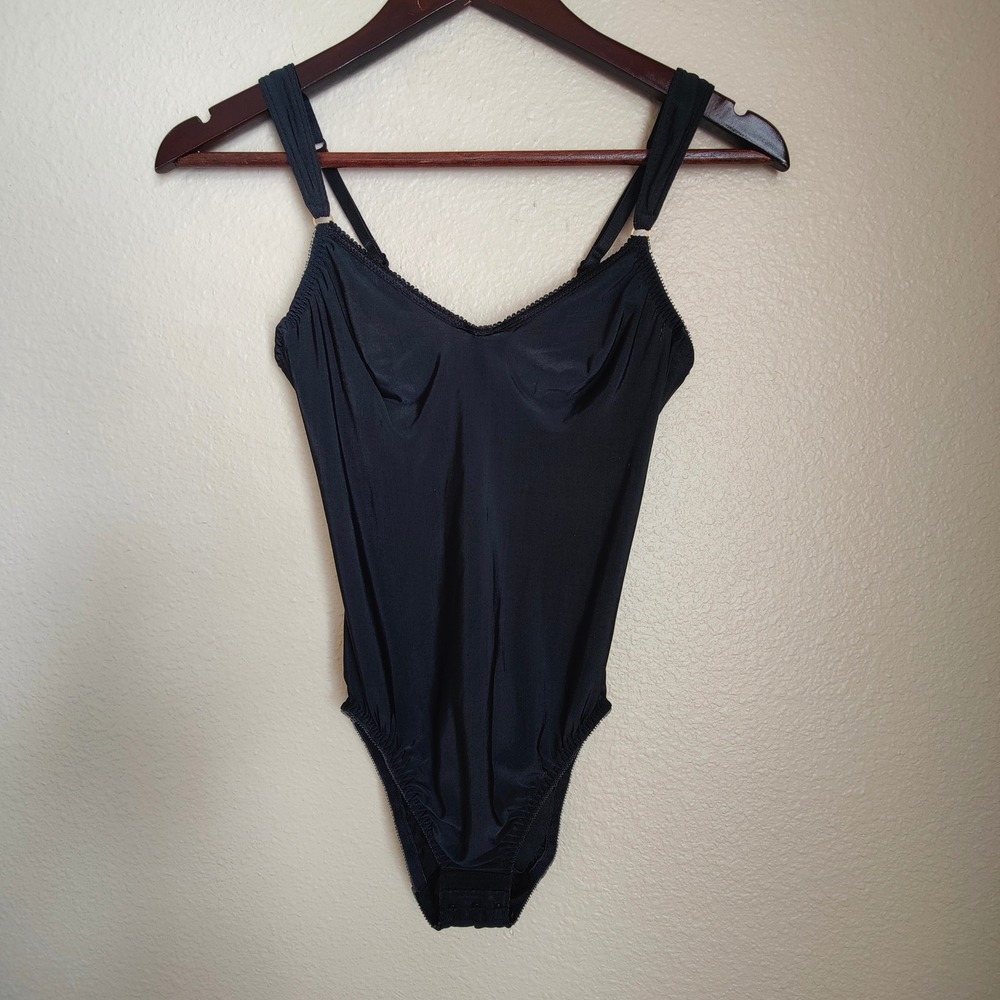 Vintage Olga Black Satin Underwire Bodysuit‎ 34C High Cut Retro Teddy Lingerie